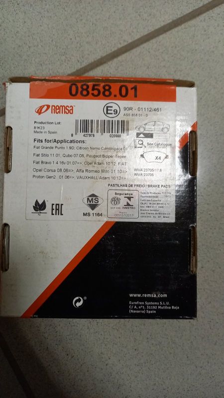 Тормозные колодки передние remsa 085801 Fiat albea, doblo, BRAVO II